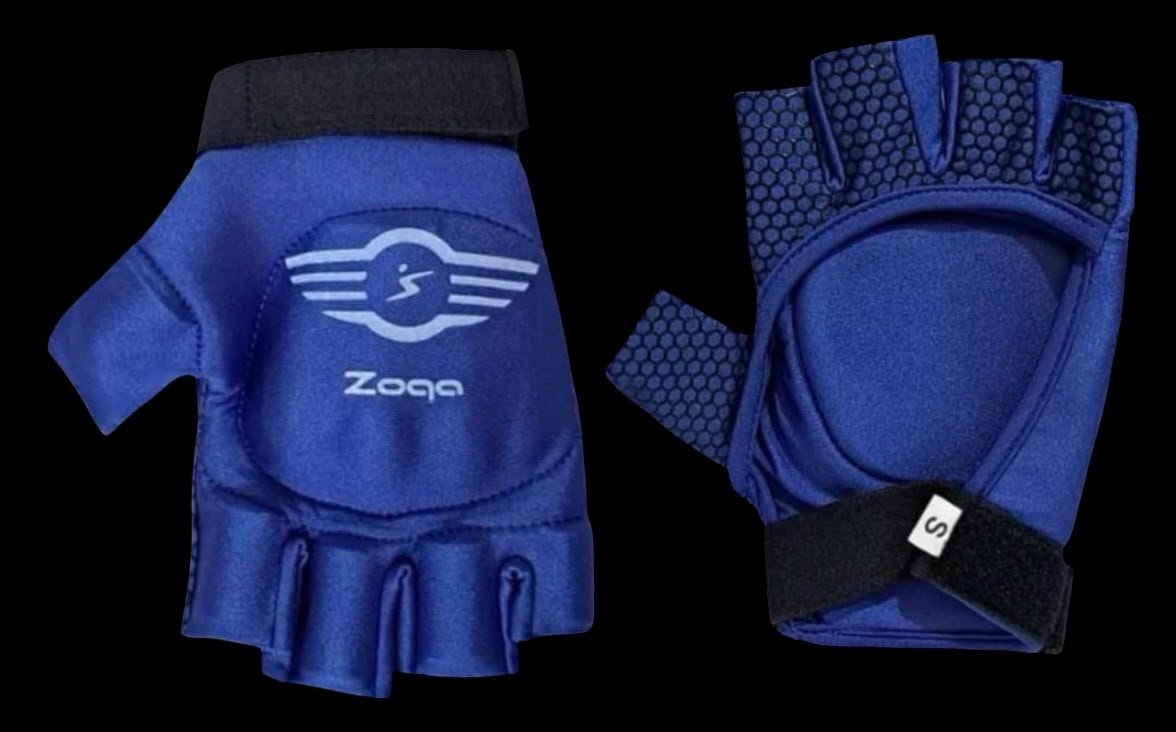 Guantes Zoqa azules; el guante derecho aparece a la derecha mostrando la palma