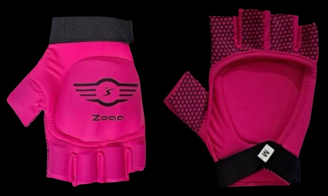 Guantes Zoqa rosados; el guante derecho aparece a la derecha mostrando la palma