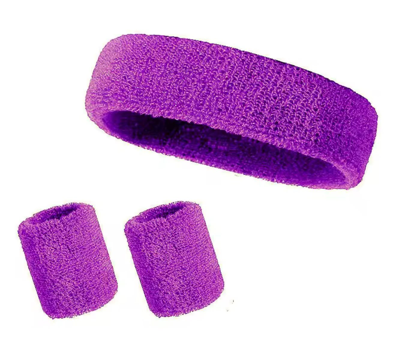 Cintillo morado mostrado junto a muñequeras
